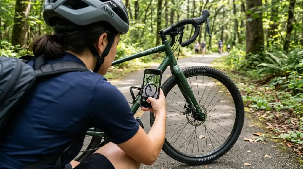 Cyclist photographing bicycle wheel