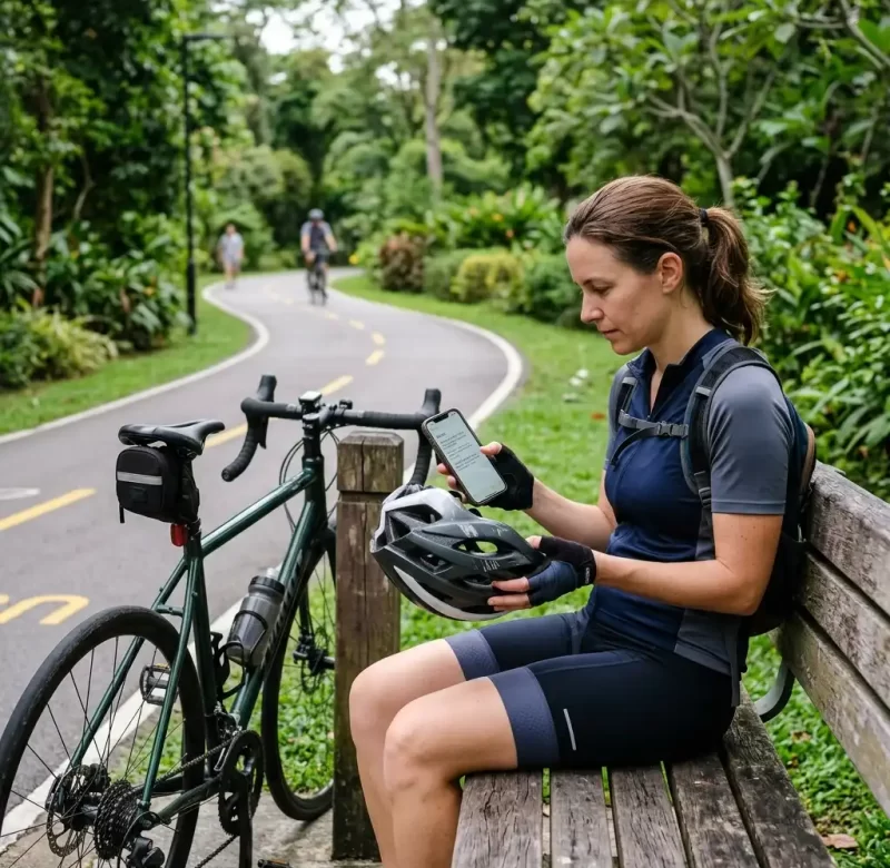 Cyclist inspecting helmet on bench